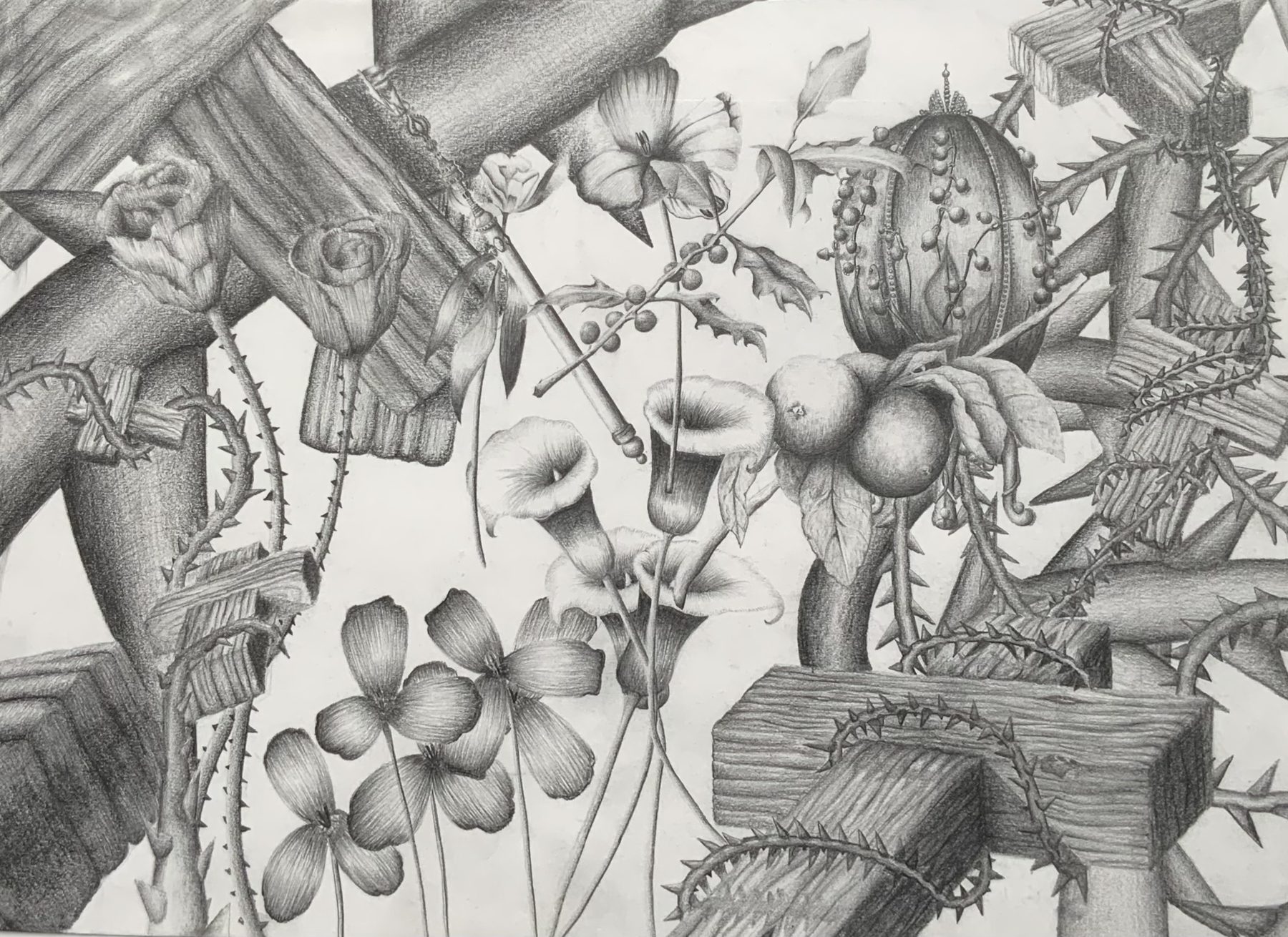 Pencil drawing of flowers, thorns and crosses
