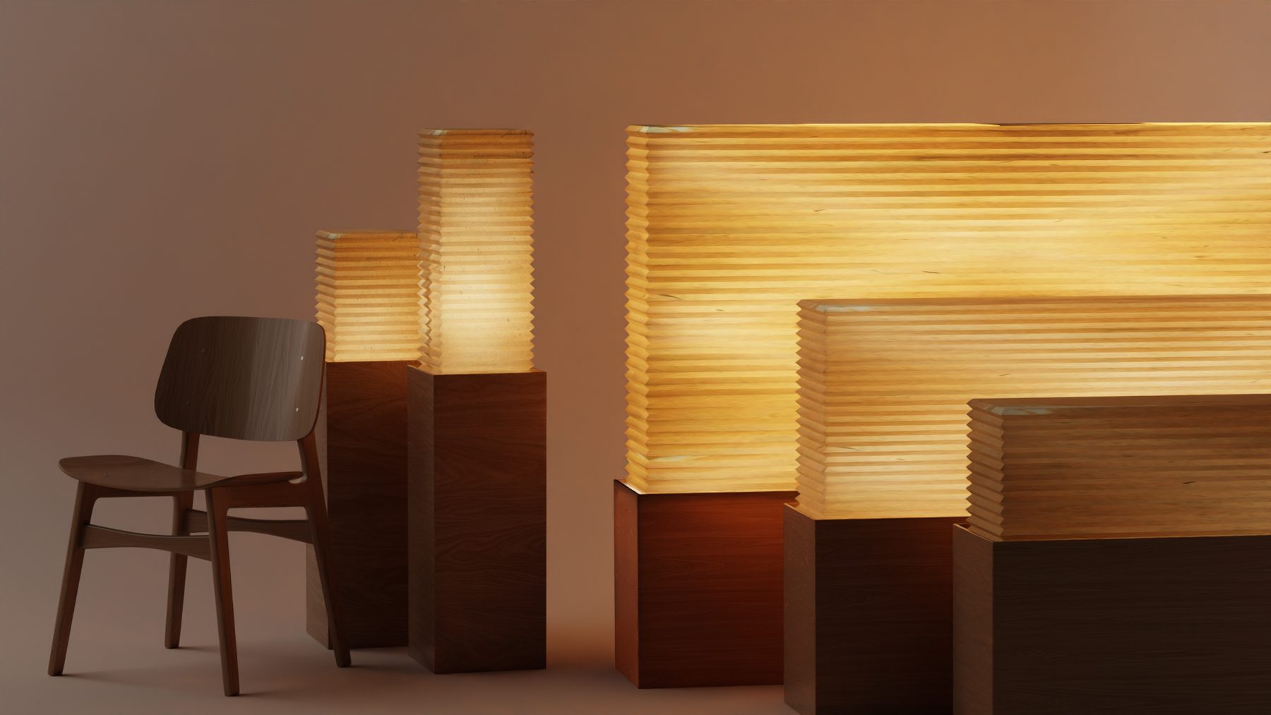 Kumi lamps glowing in a dark room